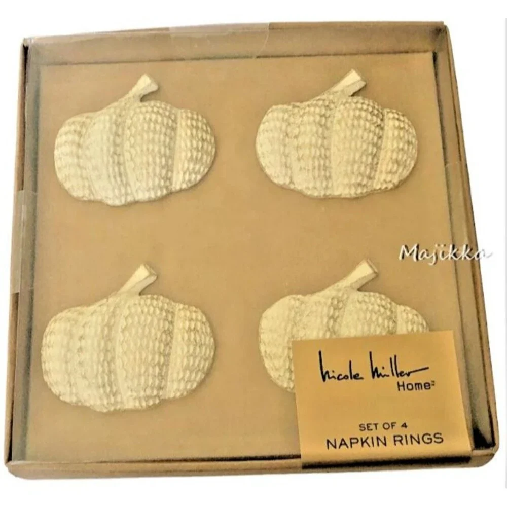 Nicole Miller White Pumpkins Napkin Rings Thanksgiving Autumn Halloween Set Of 4